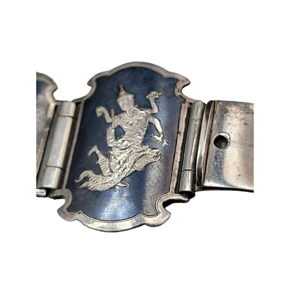 Siam Sterling Silver Bracelet 925 Niello Hindu Goddess Enamel Hinged Panel SZ 7 - Picture 9 of 16